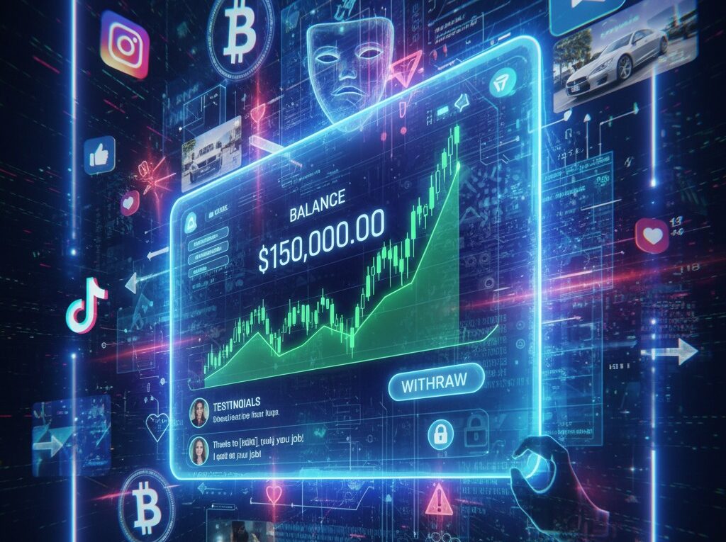A conceptual image illustrating a modern HYIP scam, showing a fake investment dashboard with a rising graph, surrounded by social media icons, cryptocurrency symbols, and images of a lavish lifestyle.