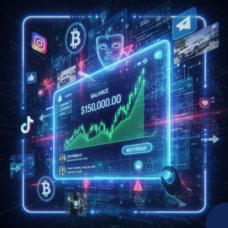 A conceptual image illustrating a modern HYIP scam, showing a fake investment dashboard with a rising graph, surrounded by social media icons, cryptocurrency symbols, and images of a lavish lifestyle.