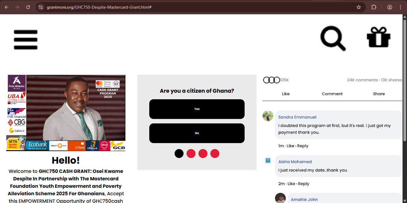 Grantmoni.org Review &ndash; GH₵750 Despite Mastercard Grant Scam Exposed