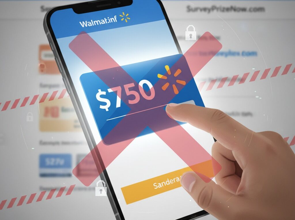 Smartphone screen showing a "$750 Walmart gift card" offer with a red 'X' over it, suggesting caution against potential online scams from sites like walldeal.info.