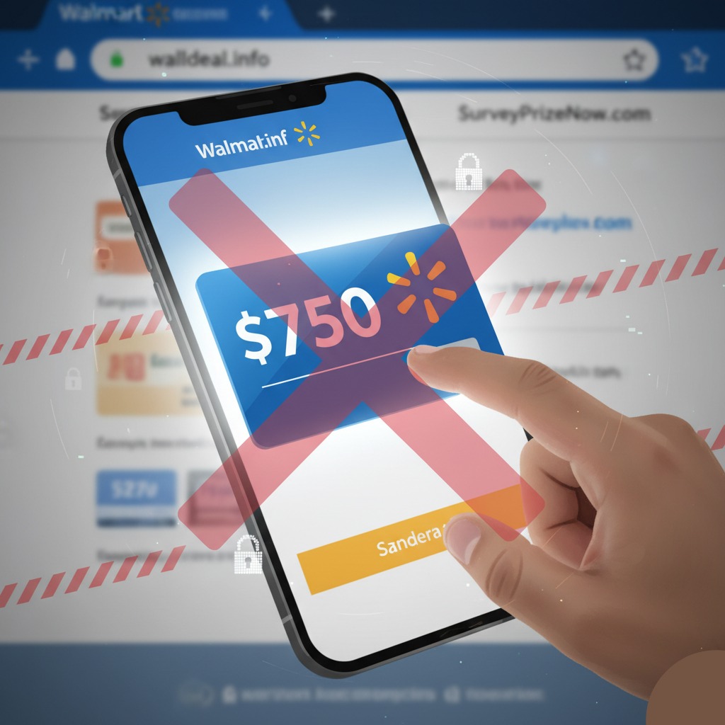 Smartphone screen showing a "$750 Walmart gift card" offer with a red 'X' over it, suggesting caution against potential online scams from sites like walldeal.info.