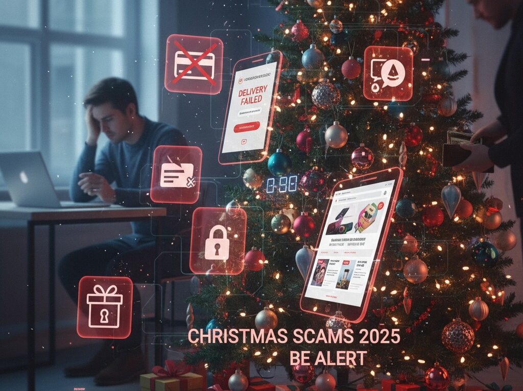 Digital overlay showing common Christmas scams around a decorated tree, including fake shopping sites, delivery fraud notifications, and gift card icons, with a man looking stressed at a laptop in the background.