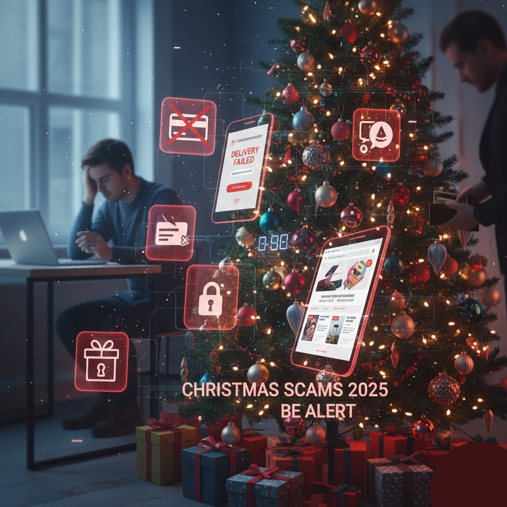 Digital overlay showing common Christmas scams around a decorated tree, including fake shopping sites, delivery fraud notifications, and gift card icons, with a man looking stressed at a laptop in the background.