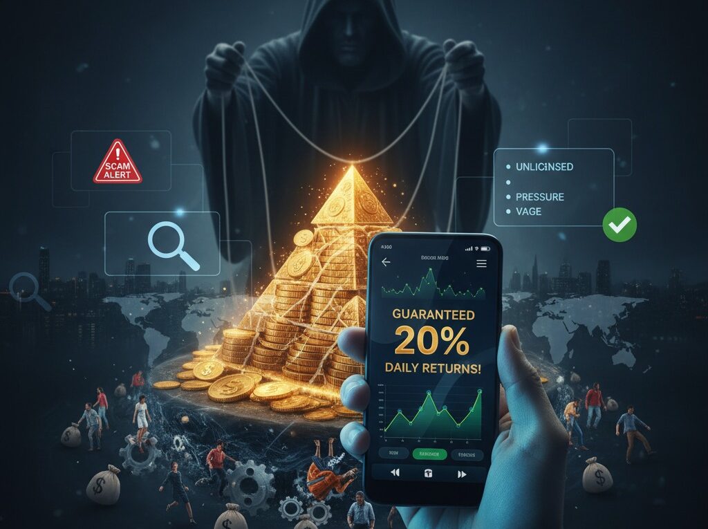 Money and financial documents representing a fraudulent or scam investment.