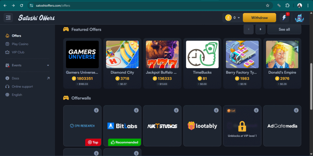 Satoshi Hero Offerwall homepage