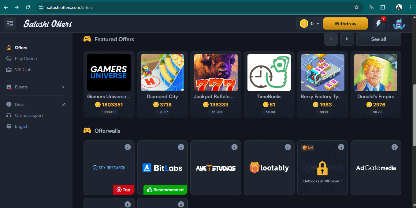 Satoshi Hero Offerwall homepage