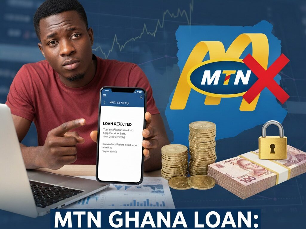Image for MTN Ghana loan rejection analysis 2025, showing a user with a denied loan notification, currency, and the MTN logo, perfect for articles on financial qualification.