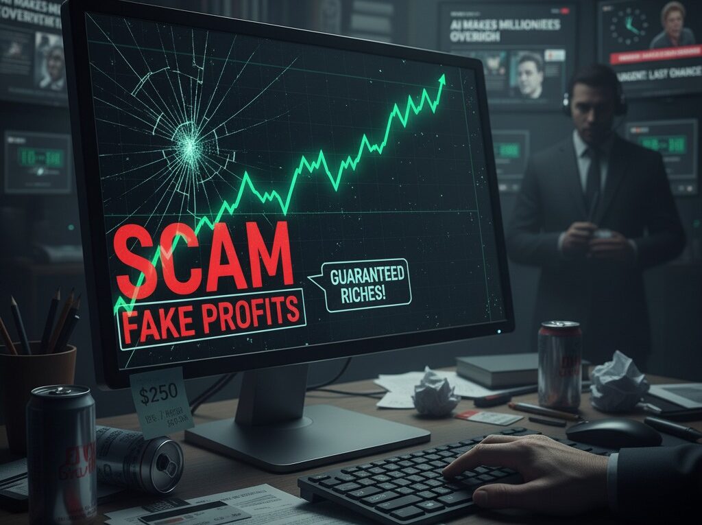 Broken computer screen displaying "SCAM Fake Profits" with a shattered glass effect, illustrating the deceptive nature of an AI Wealth Machine scam. A growth chart shows an impossible upward trend, representing false promises of wealth.