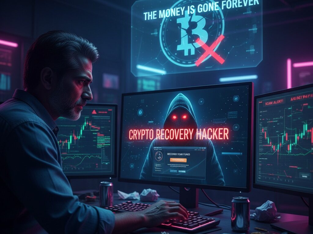 Man looking at a screen showing "Crypto Recovery Hacker" and a notification "The Money Is Gone Forever Bitcoin"