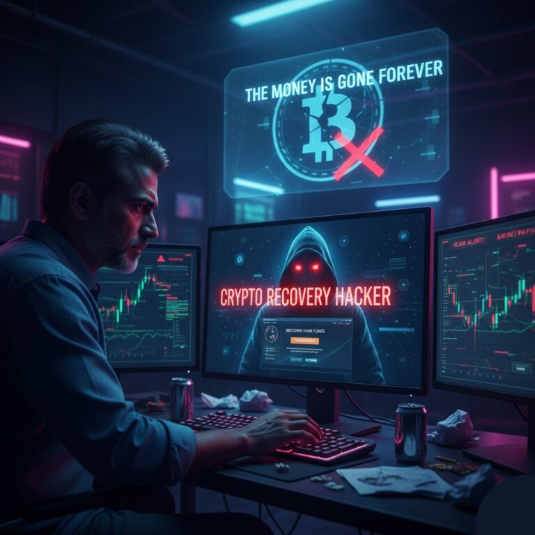 Man looking at a screen showing "Crypto Recovery Hacker" and a notification "The Money Is Gone Forever Bitcoin"