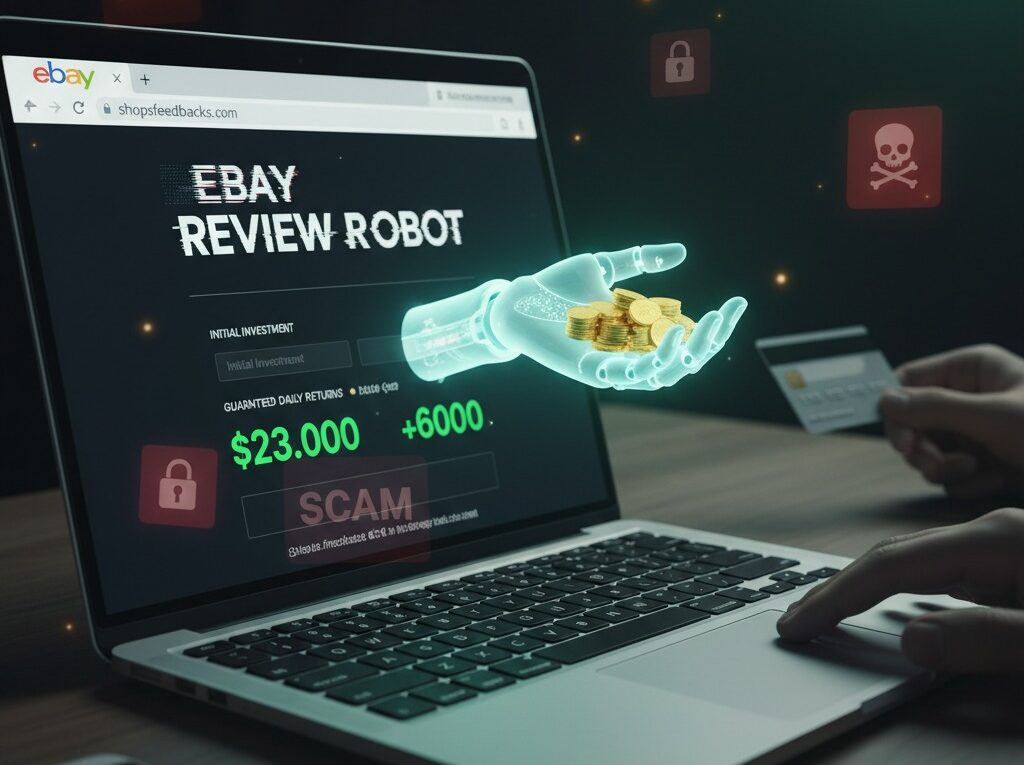A laptop displaying a fraudulent "eBay Review RoBoT" website with a glowing hand holding gold coins, surrounded by scam warnings and security icons, illustrating online investment fraud.