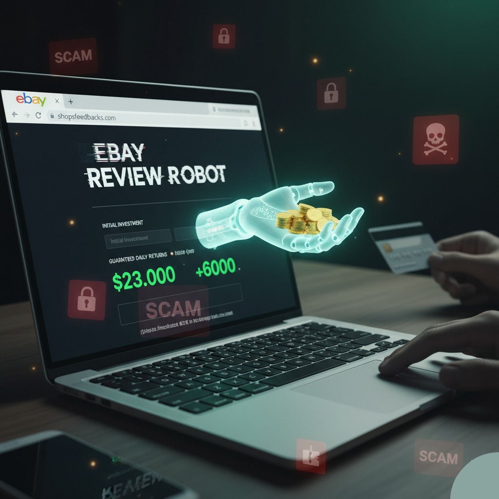 A laptop displaying a fraudulent "eBay Review RoBoT" website with a glowing hand holding gold coins, surrounded by scam warnings and security icons, illustrating online investment fraud.