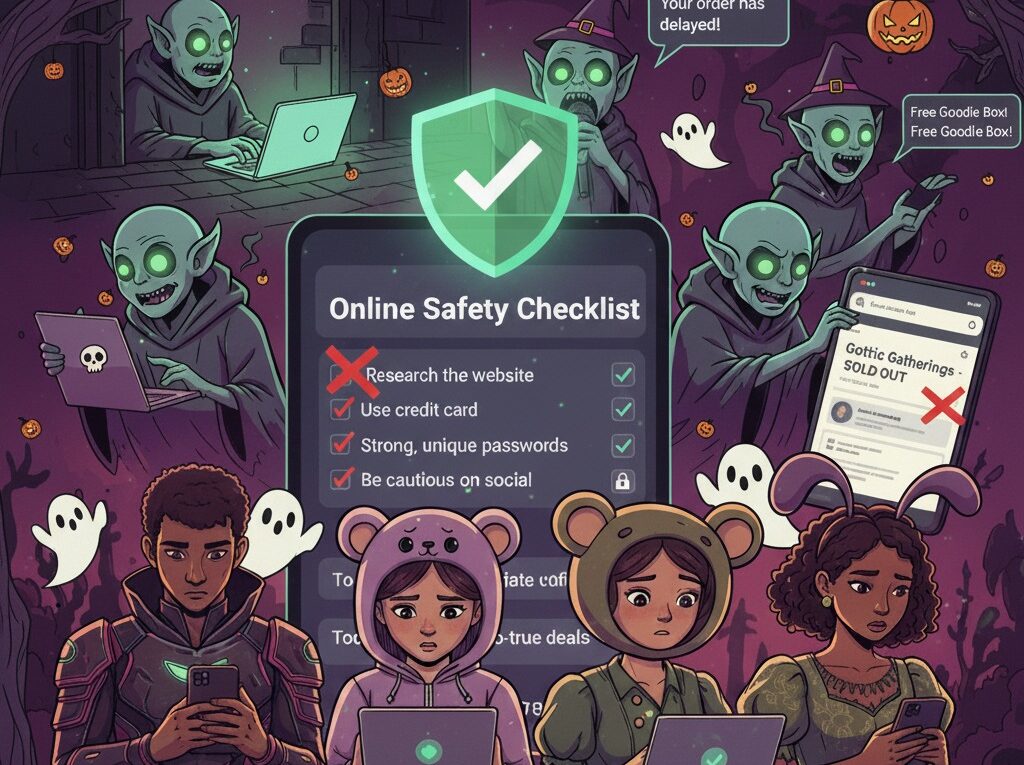 An illustration of diverse young people in Halloween costumes looking concerned while using laptops and phones, surrounded by ghostly figures representing various online scams like fake websites, phishing emails, and malicious QR codes.