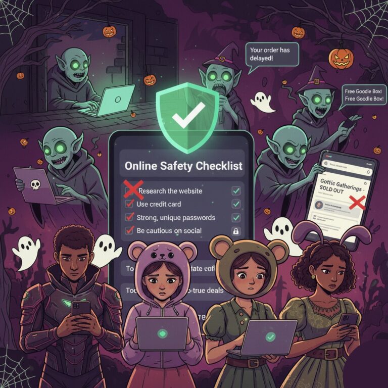 An illustration of diverse young people in Halloween costumes looking concerned while using laptops and phones, surrounded by ghostly figures representing various online scams like fake websites, phishing emails, and malicious QR codes.