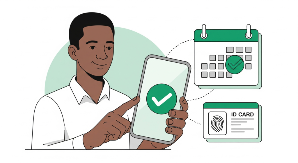 African man receiving an MTN MoMo loan approval on a smartphone next to a biometric ID card and a payment schedule calendar.