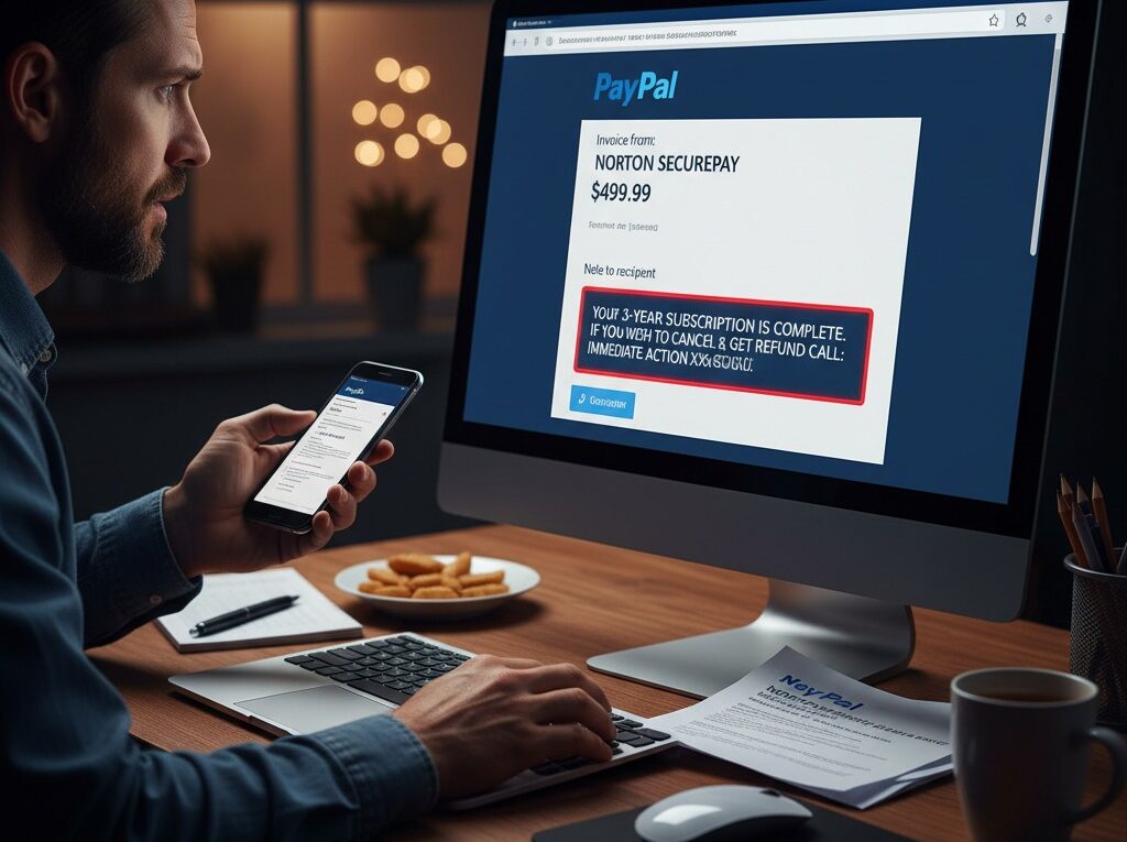 A man looks concerned at a computer screen displaying a fake PayPal invoice scam for $499.99, demonstrating the PayPal Invoice Attack.