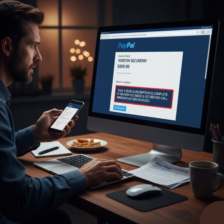 A man looks concerned at a computer screen displaying a fake PayPal invoice scam for $499.99, demonstrating the PayPal Invoice Attack.