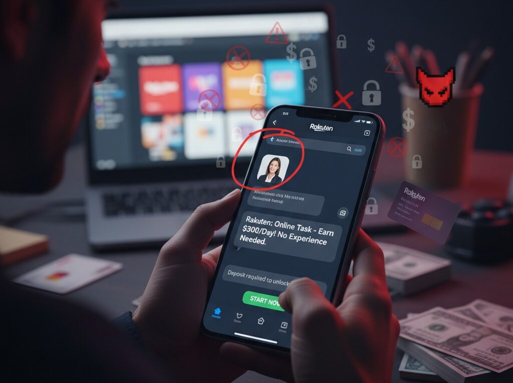 A person looking at a smartphone displaying a fake 'Rakuten task scam' job offer, surrounded by warning icons and stacks of money, illustrating the dangers of online employment fraud.