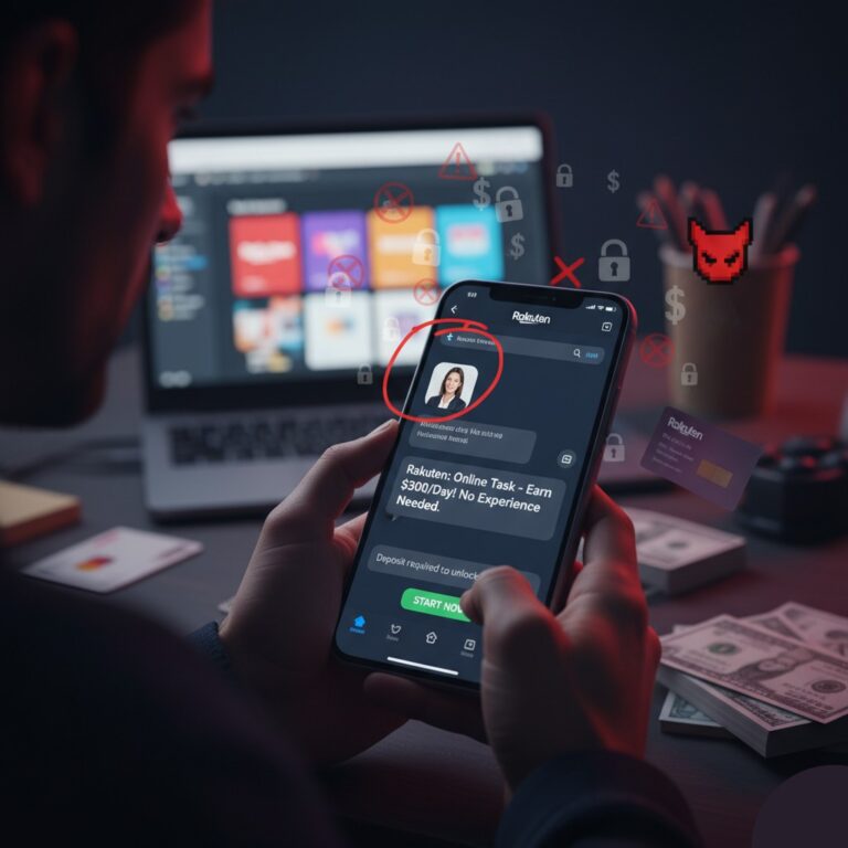 A person looking at a smartphone displaying a fake 'Rakuten task scam' job offer, surrounded by warning icons and stacks of money, illustrating the dangers of online employment fraud.