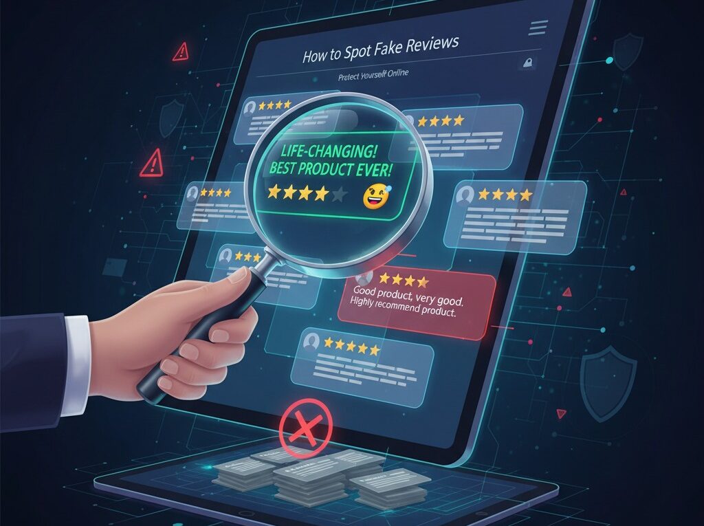 An illustration of a hand holding a magnifying glass to identify a fake, glowing 5-star review on a tablet, symbolizing the process of spotting fake online reviews.