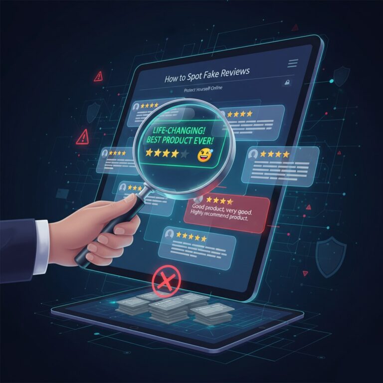 An illustration of a hand holding a magnifying glass to identify a fake, glowing 5-star review on a tablet, symbolizing the process of spotting fake online reviews.
