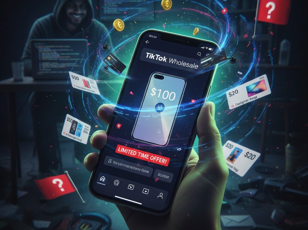 A person holds a smartphone displaying a fake 'TikTok Wholesale' shopping scam, while a hooded hacker smiles menacingly in the background. The image illustrates the financial danger of the TikTok Mall scam.