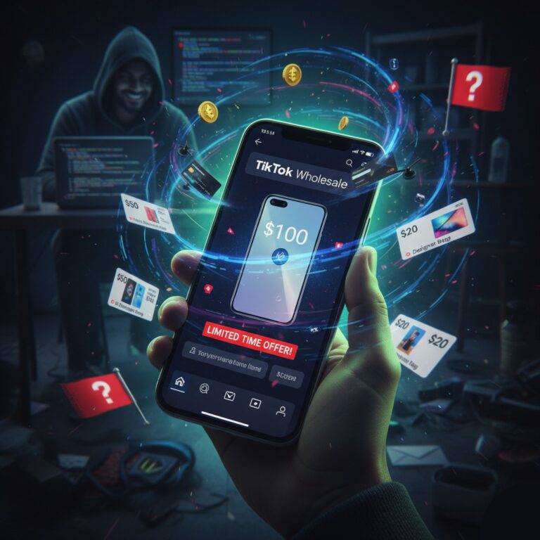 A person holds a smartphone displaying a fake 'TikTok Wholesale' shopping scam, while a hooded hacker smiles menacingly in the background. The image illustrates the financial danger of the TikTok Mall scam.