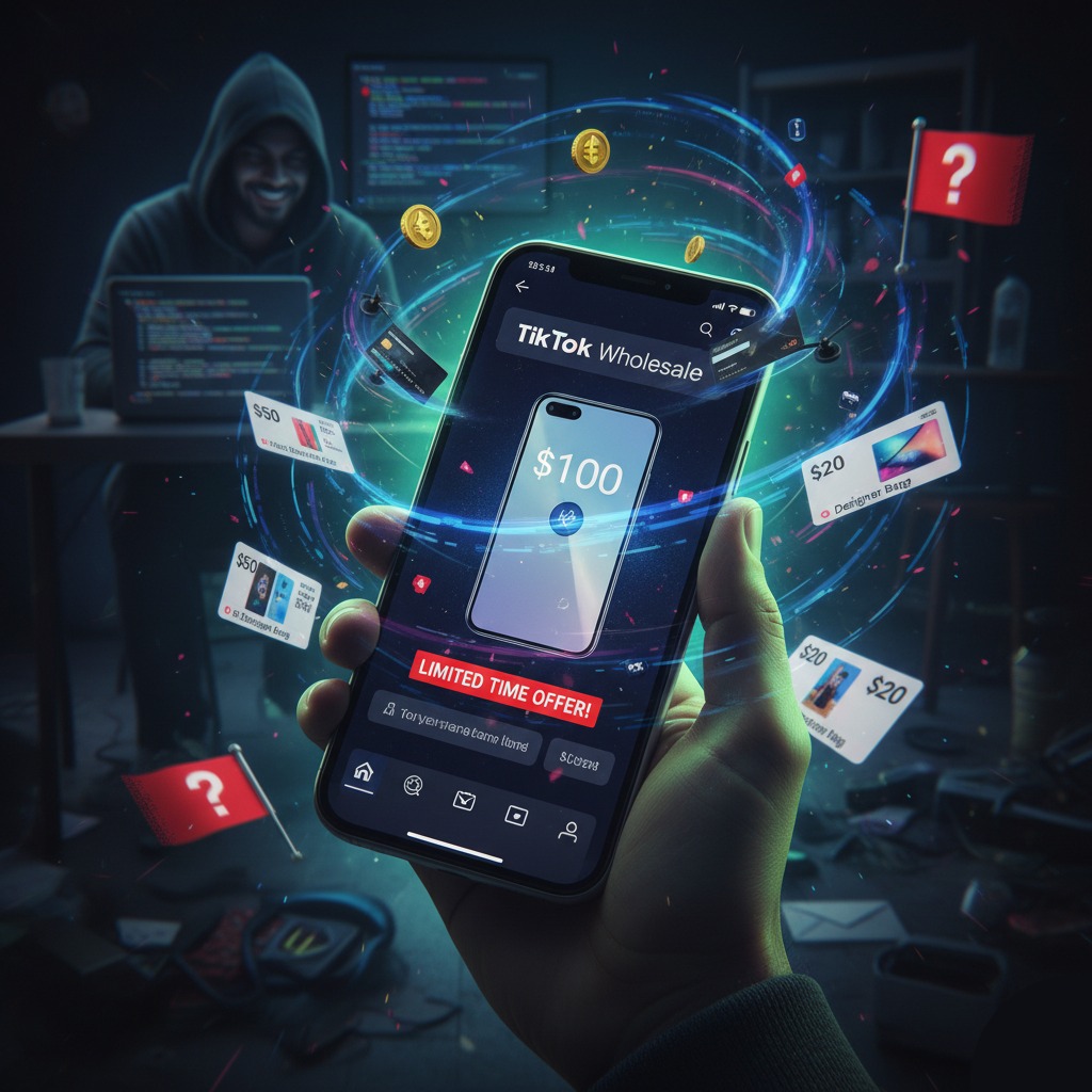 A person holds a smartphone displaying a fake 'TikTok Wholesale' shopping scam, while a hooded hacker smiles menacingly in the background. The image illustrates the financial danger of the TikTok Mall scam.