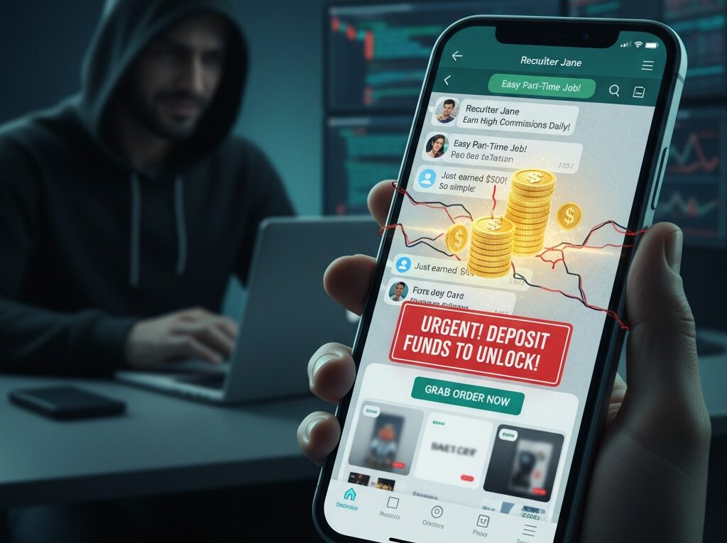 A visual representation of the WhatsApp order grabbing scam, showing a person holding a smartphone with a fraudulent chat promising high commissions, while a hooded scammer works on a computer in the background.
