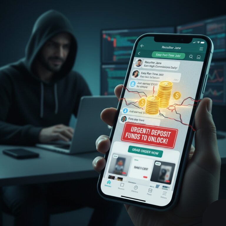 A visual representation of the WhatsApp order grabbing scam, showing a person holding a smartphone with a fraudulent chat promising high commissions, while a hooded scammer works on a computer in the background.