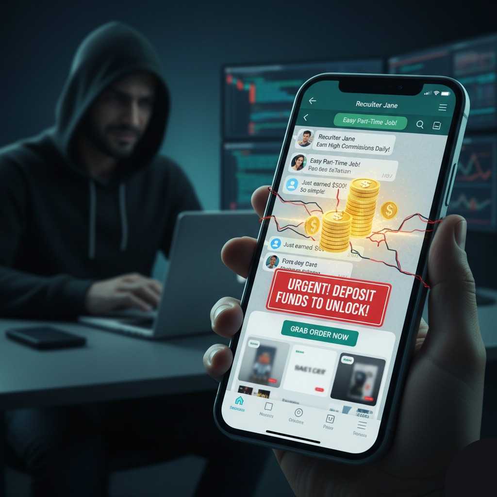 A visual representation of the WhatsApp order grabbing scam, showing a person holding a smartphone with a fraudulent chat promising high commissions, while a hooded scammer works on a computer in the background.