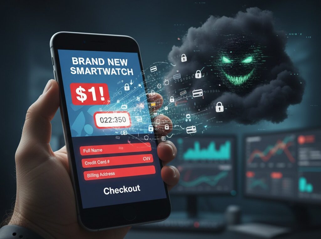 A conceptual image for the '$1 scam' showing a hooded hacker holding a credit card, illustrating how a small price leads to data theft.