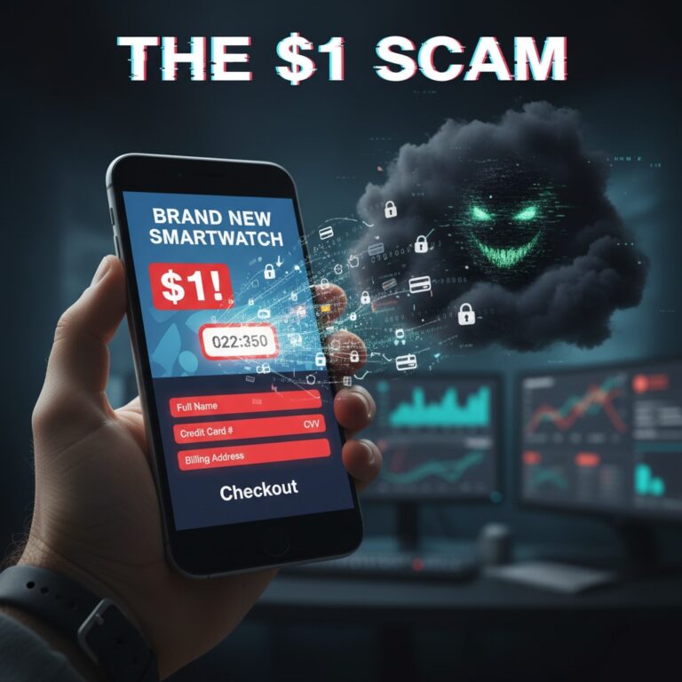 A conceptual image for the '$1 scam' showing a hooded hacker holding a credit card, illustrating how a small price leads to data theft.