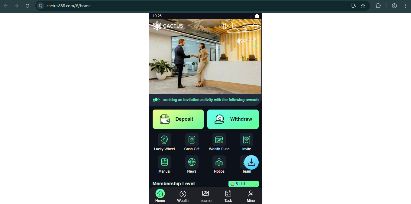 screenshot of the CACTUS Task Scam website