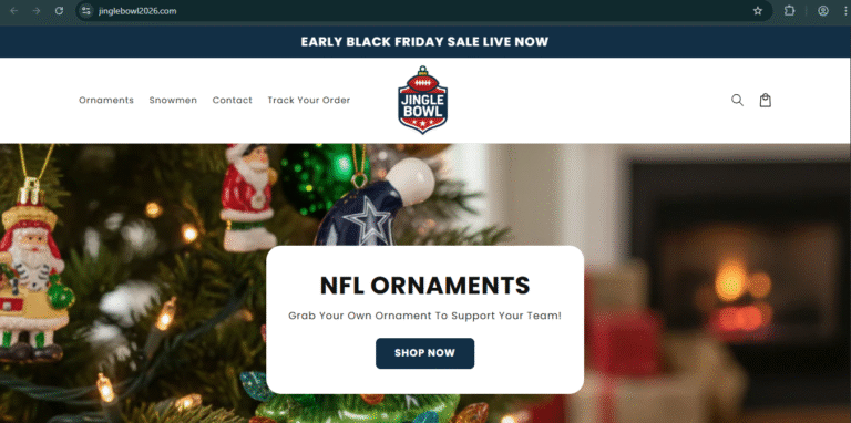screenshot of the Jinglebowl2026.com scam website