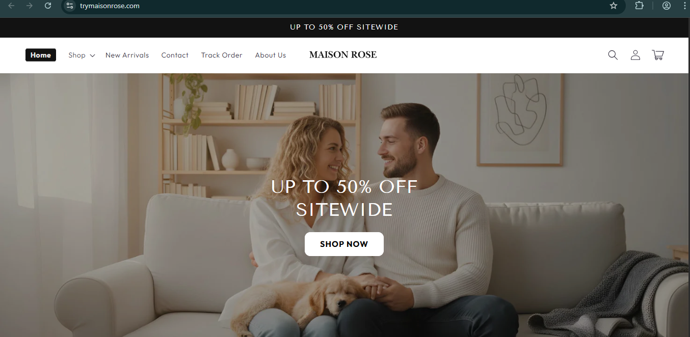 Screenshot of the Trymaisonrose.com scam store