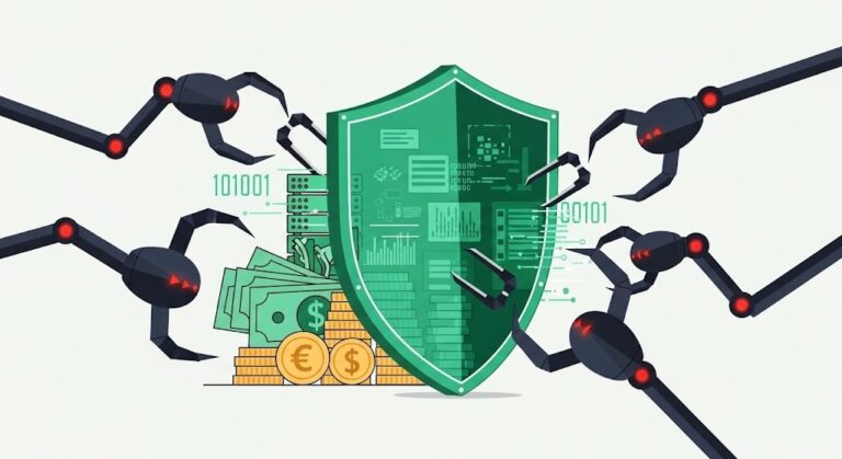 Flat vector illustration of a green digital security shield protecting currency and financial data from automated robotic botnet arms.