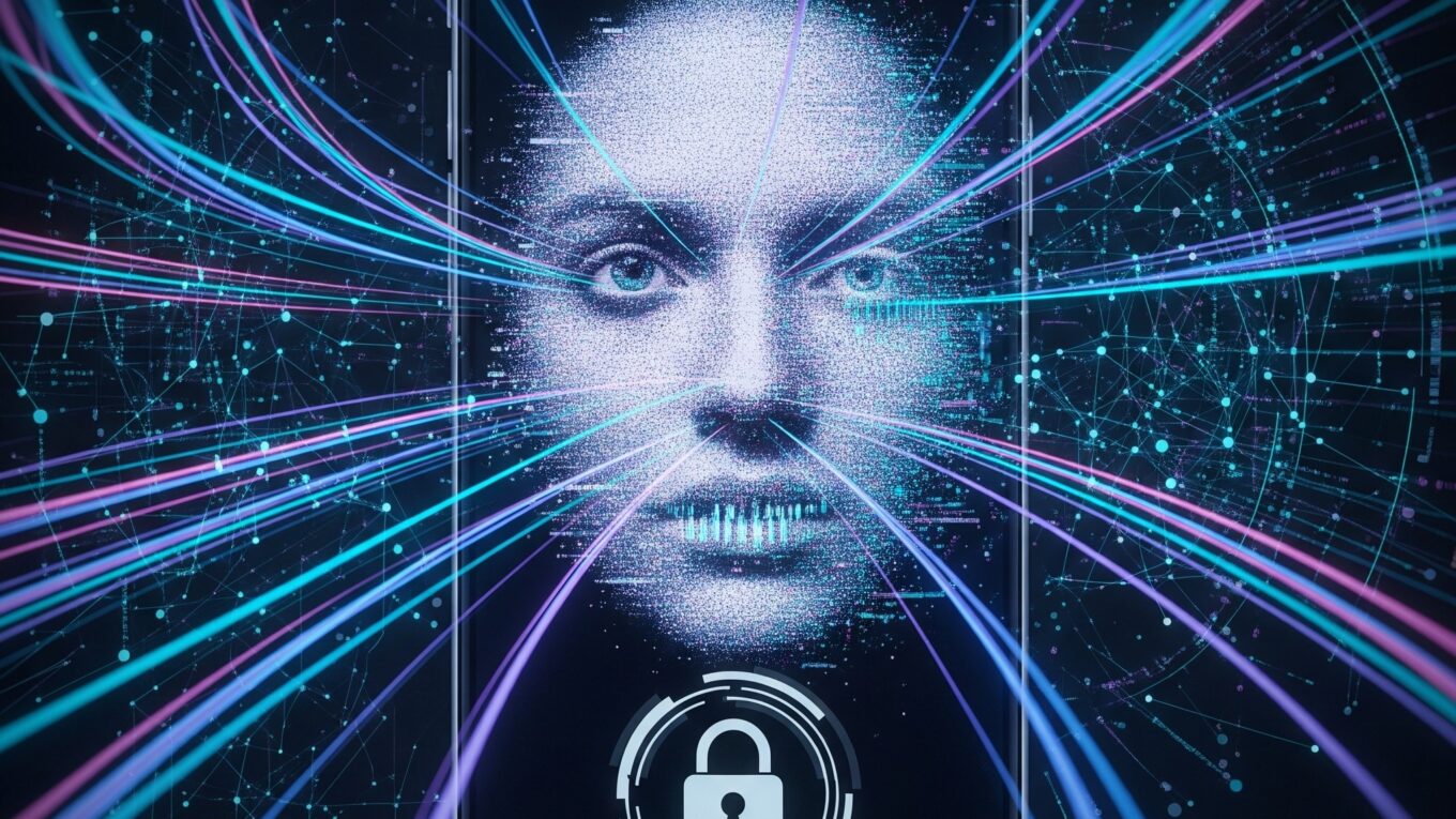 A futuristic smartphone screen displaying a glitching digital face and a lock icon, illustrating the dangers of AI voice cloning and deepfake scams.