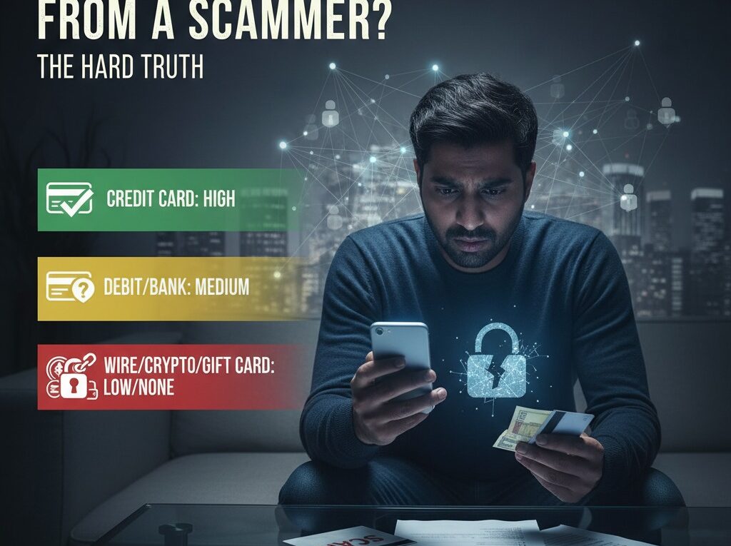 A man who has been scammed looks at his phone and credit card, illustrating an article about whether you can get money back from a scammer. The image includes text showing the chances of recovery for different payment methods.