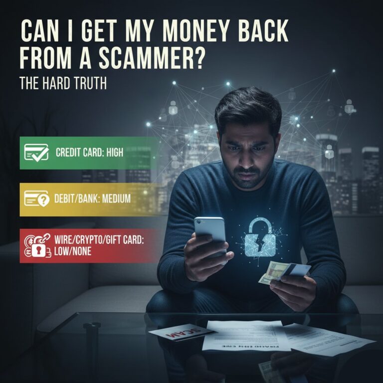 A man who has been scammed looks at his phone and credit card, illustrating an article about whether you can get money back from a scammer. The image includes text showing the chances of recovery for different payment methods.