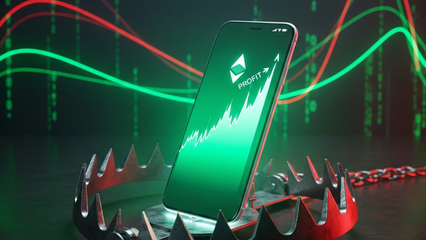 Smartphone displaying a fake rising cryptocurrency profit chart sitting inside a jagged metal bear trap, symbolizing the danger of high-yield investment fraud and pig butchering scams.