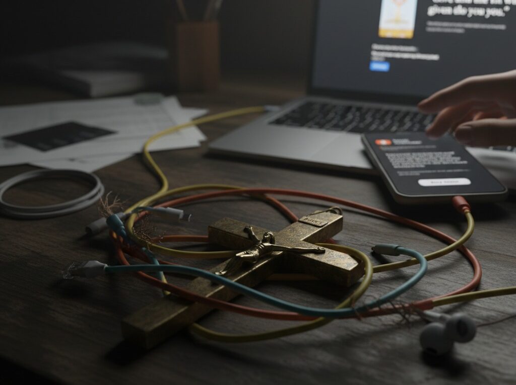 A crucifix tangled in computer wires on a desk, symbolizing a faith-based scam being viewed on a laptop in the background.
