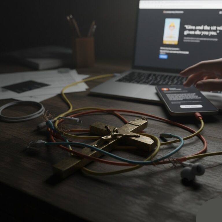 A crucifix tangled in computer wires on a desk, symbolizing a faith-based scam being viewed on a laptop in the background.