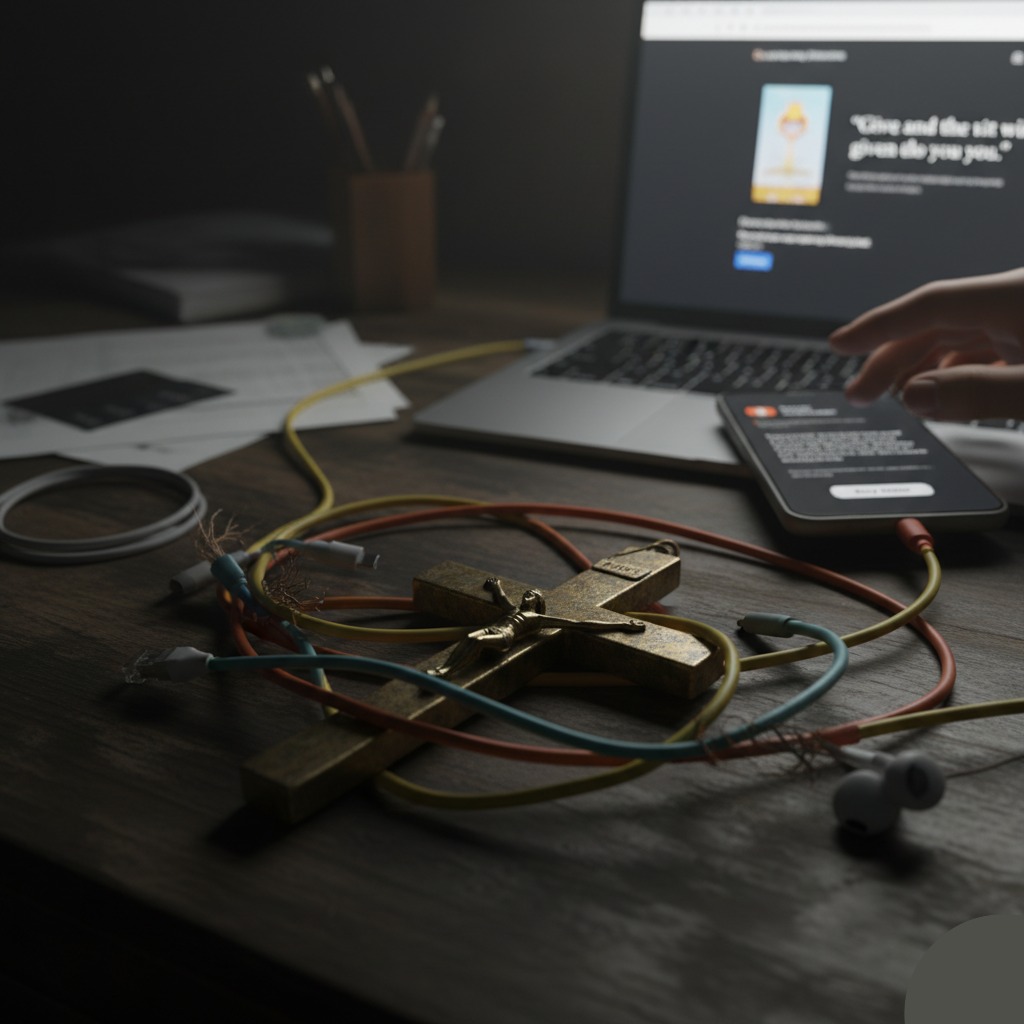 A crucifix tangled in computer wires on a desk, symbolizing a faith-based scam being viewed on a laptop in the background.