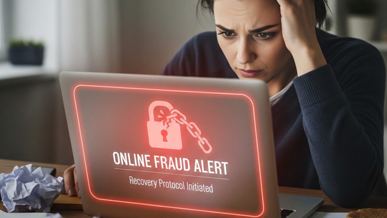 Stressed person staring at a laptop with a red online fraud alert screen, illustrating the panic of being scammed and the need for immediate recovery steps.