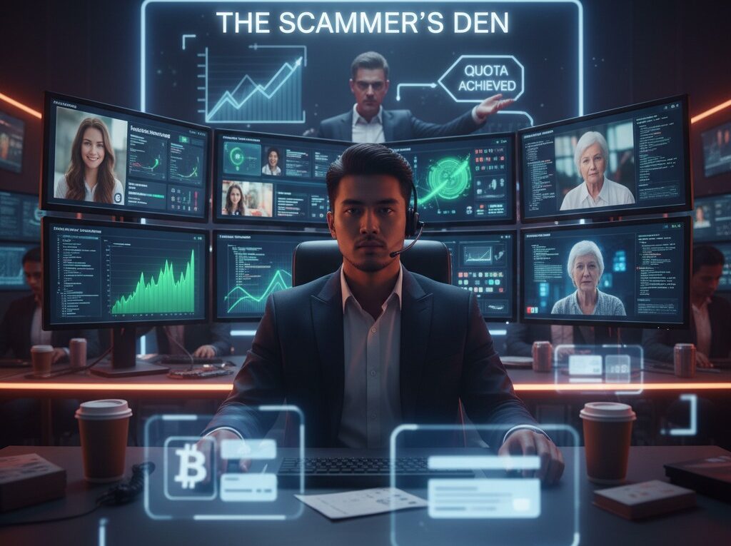 A professional-looking scammer in a high-tech operations center, illustrating the 'inside life of a scammer' as a sophisticated job with multiple monitors showing financial data and targets.