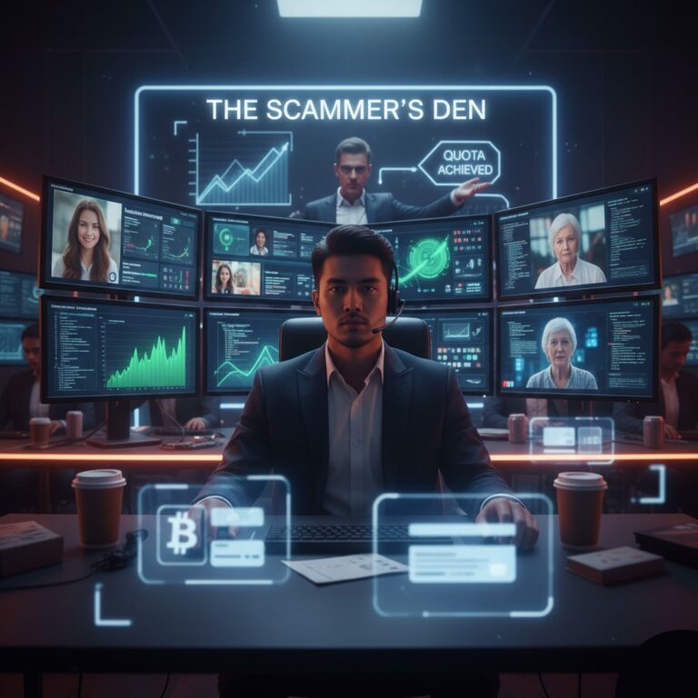 A professional-looking scammer in a high-tech operations center, illustrating the 'inside life of a scammer' as a sophisticated job with multiple monitors showing financial data and targets.