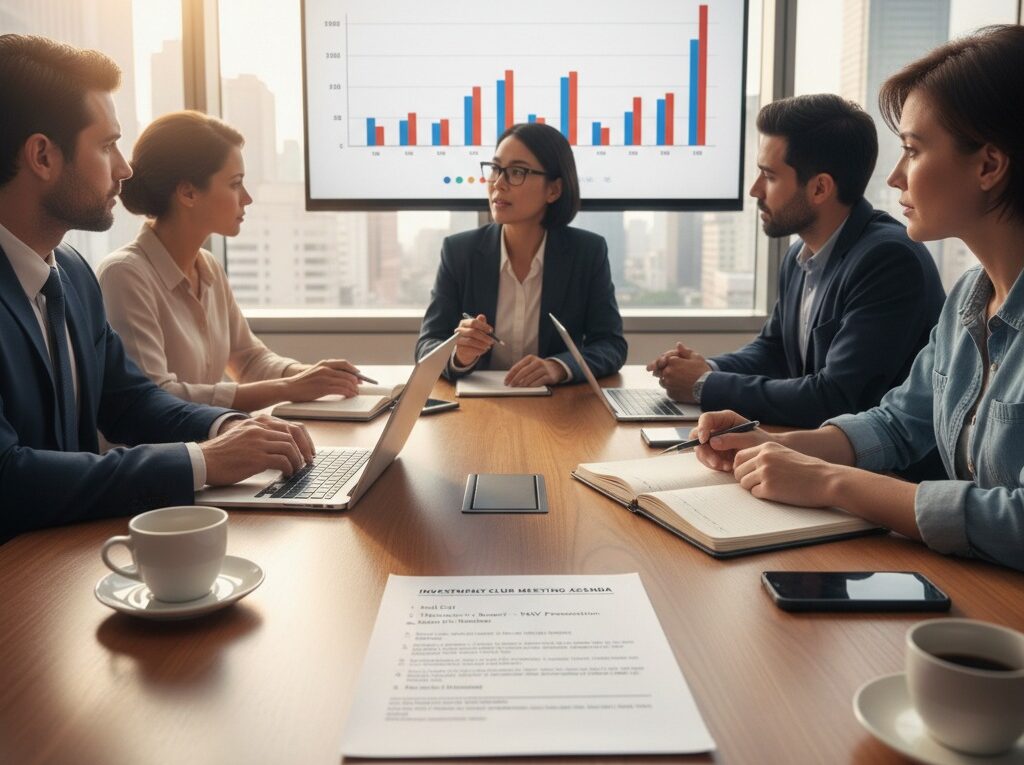A diverse group of people in a professional conference room conduct a formal investment club meeting, with an agenda on the table and a "Portfolio Valuation" chart on a screen in the background.