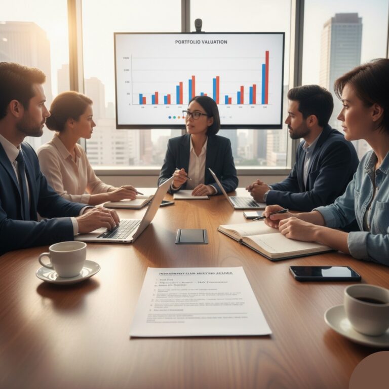 A diverse group of people in a professional conference room conduct a formal investment club meeting, with an agenda on the table and a "Portfolio Valuation" chart on a screen in the background.