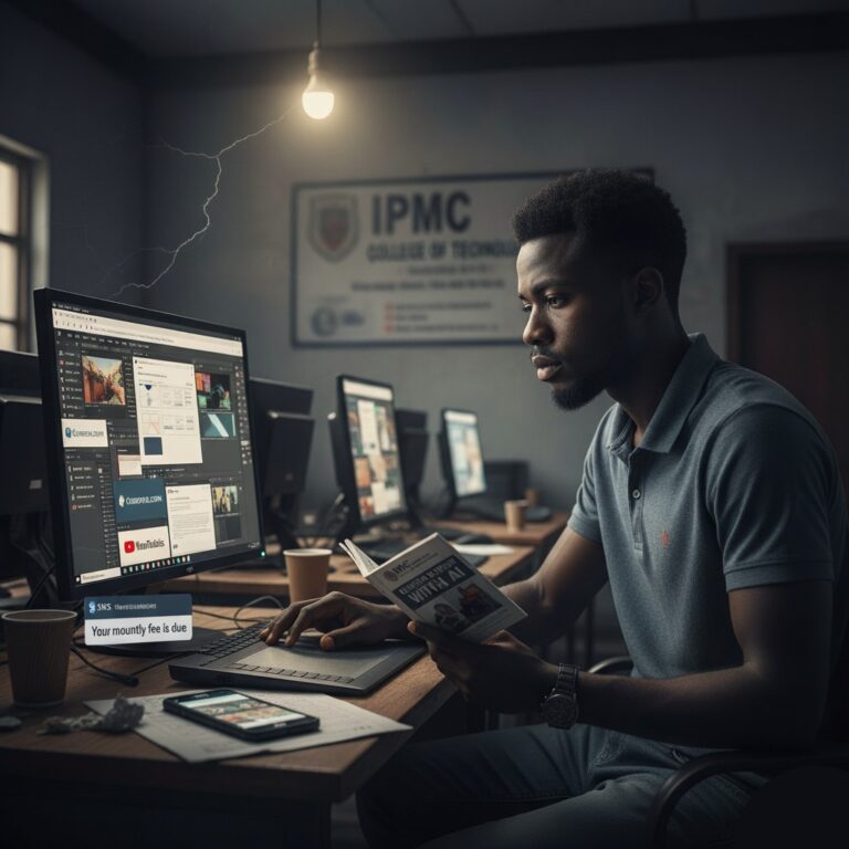 A frustrated student in an IPMC Ghana computer lab, self-studying graphic design on Coursera while holding an IPMC brochure, illustrating a critical student review.